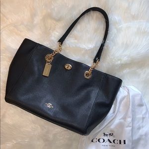 Coach Pebbled Turnlock Chain Black Leather Tote
